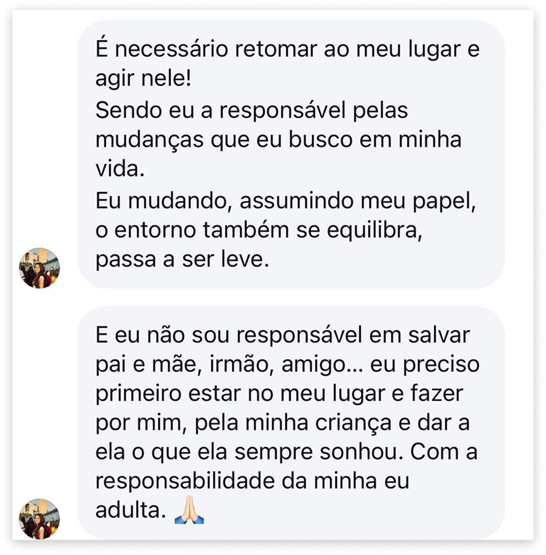 Print de mensagem de aluna: "é necessário retomar ao meu lugar e agir nele" — sendo responsável pelas mudanças que busca na própria vida